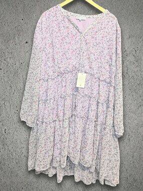 Ivy City Co Womens 3X Dress Purple Ditsy Floral Tiered Ruffle Boho Cottagecore
